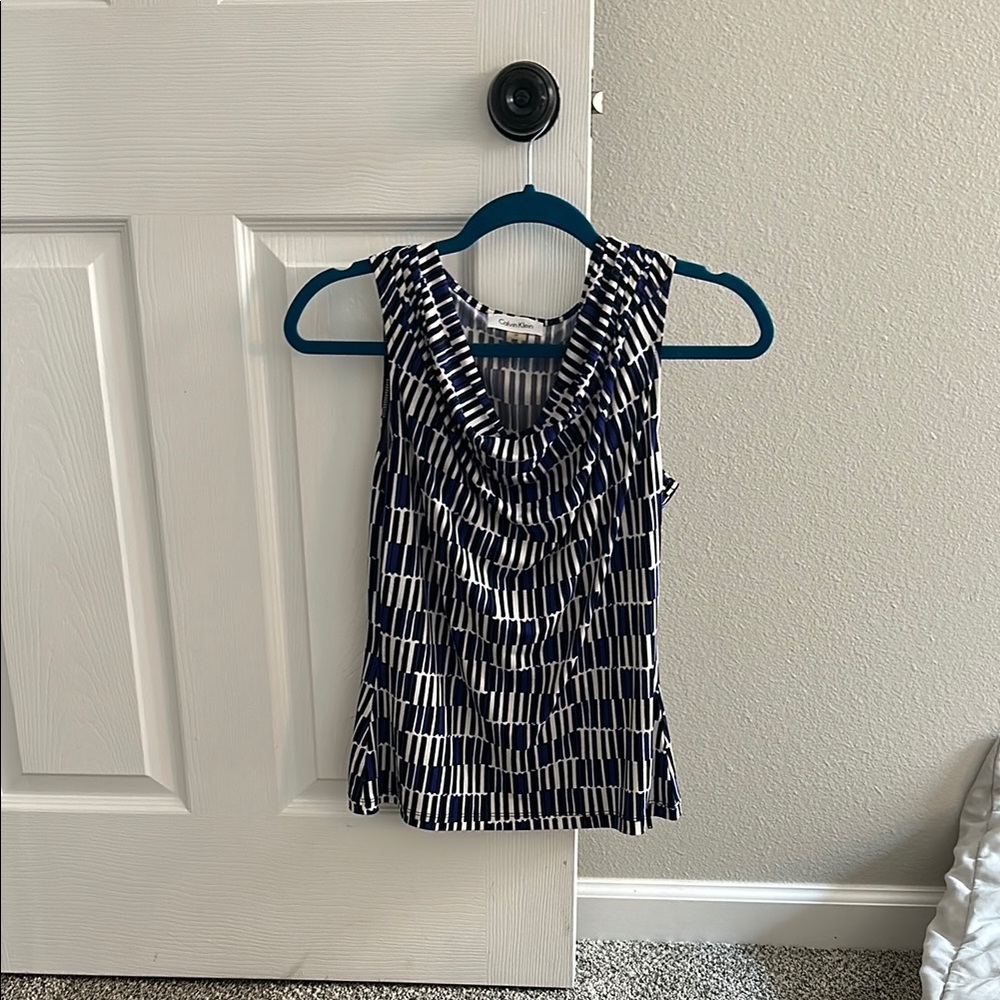Calvin Klein Black and White Ruched Bib Collar Blouse